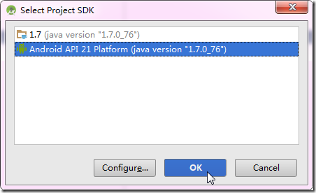 popup select project sdk choose android api 21 platform
