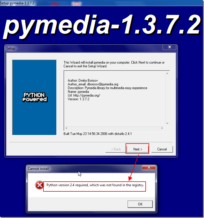 python version 2.4 required which was not found in the registry