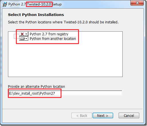 twisted choose python27 install path