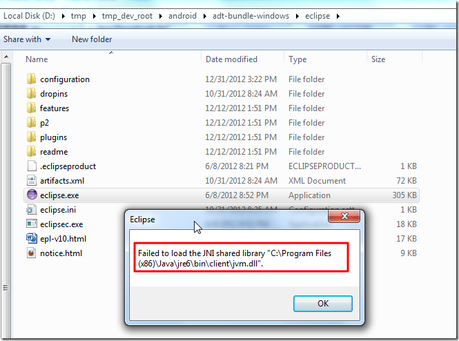 【已解决】运行Eclipse出错：Failed to load the JNI shared library