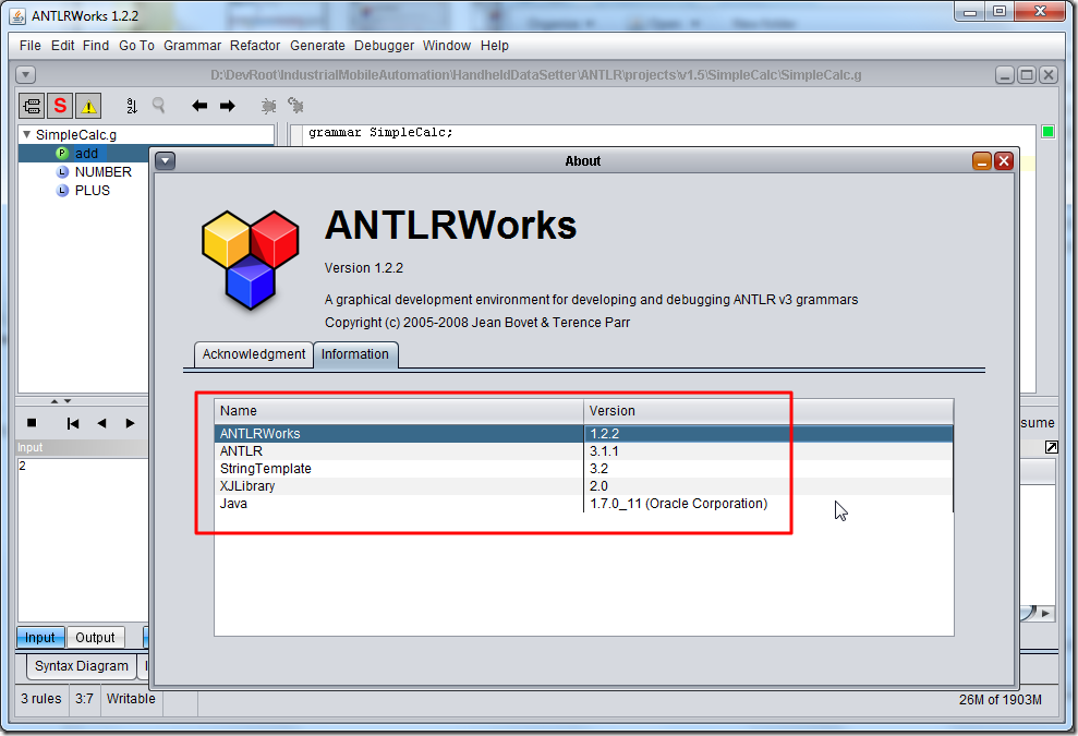 antlrworks 1.2.2 help about information