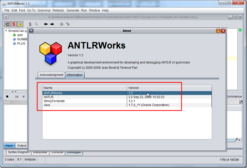 antlrworks 1.3 help about information