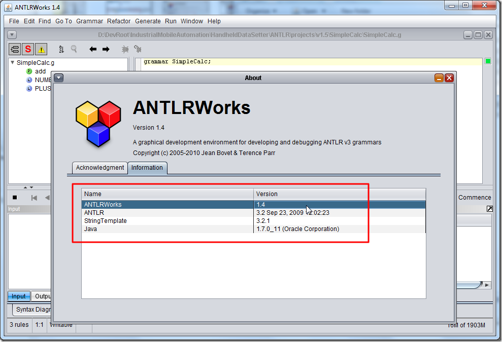 antlrworks 1.4 help about information