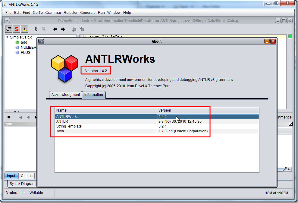 antlrworks 1.4.2 help about information