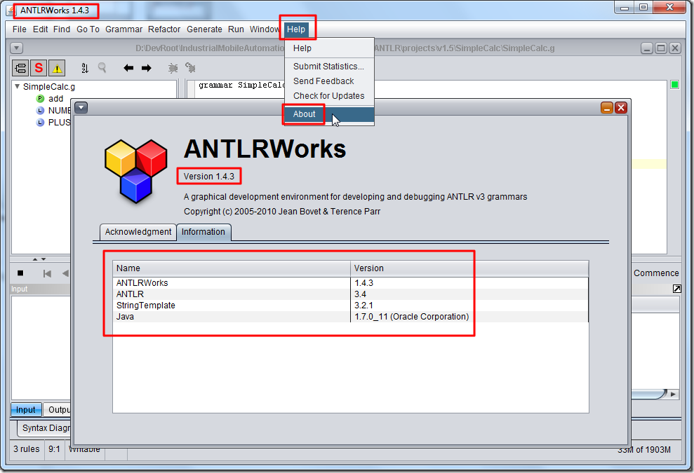 antlrworks 1.4.3 help about information