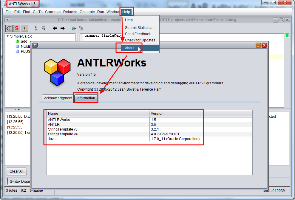 antlrworks 1.5 help about information