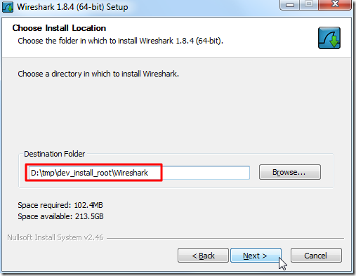 choose install location for wireshark