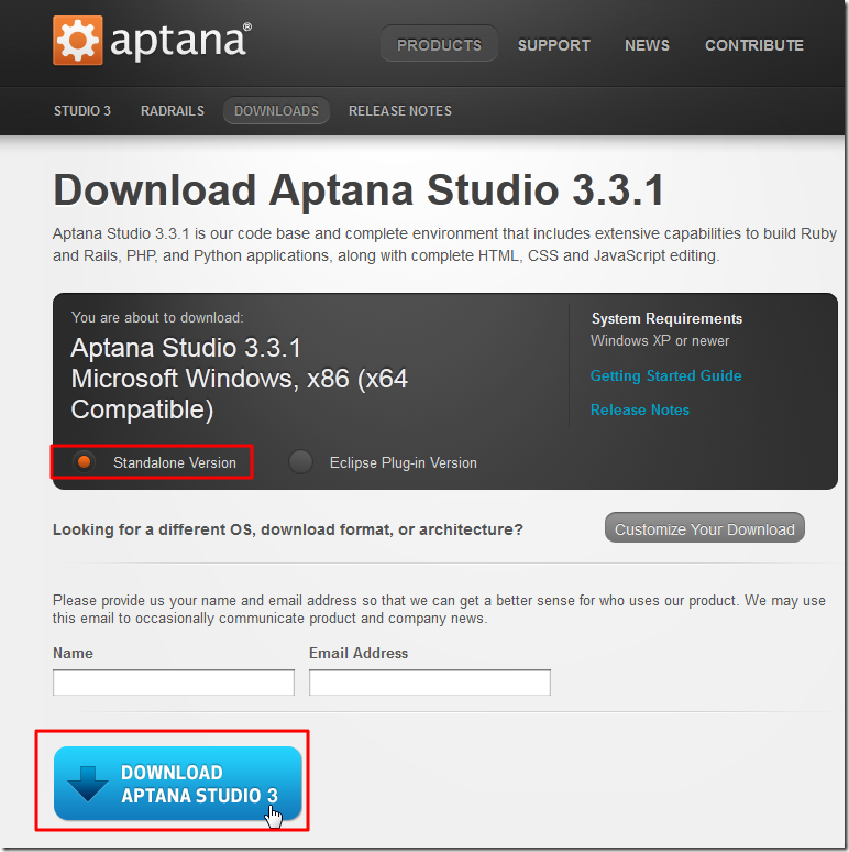 click download aptana studio 3