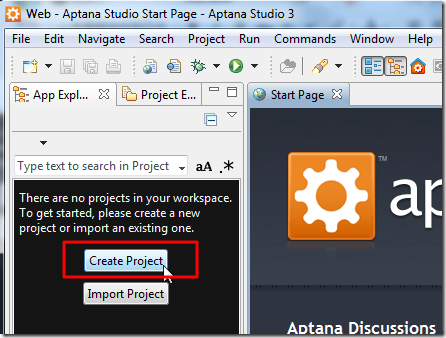 create new aptana project
