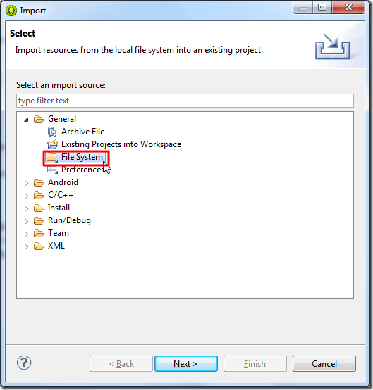 select import from file system