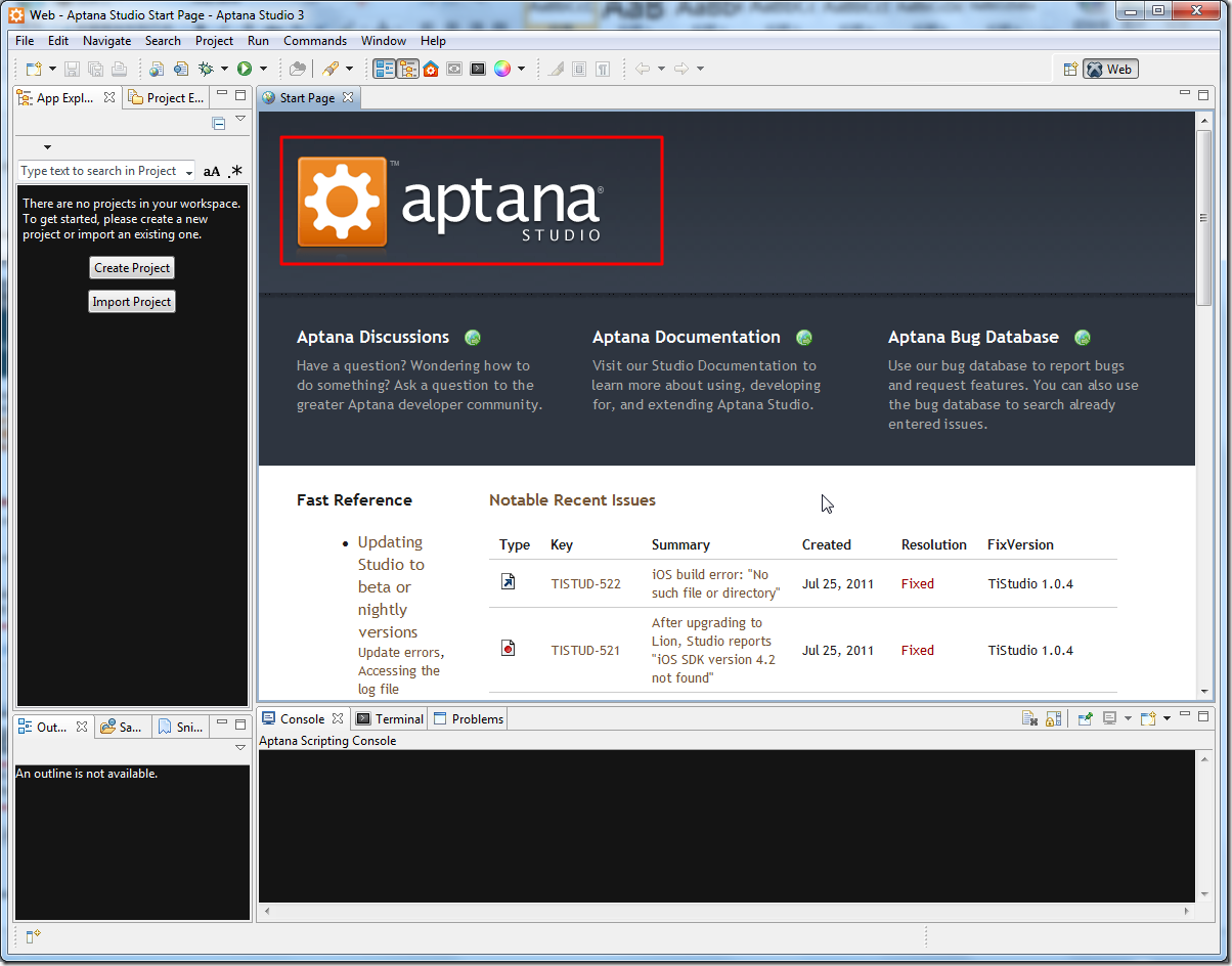 whole aptana studio start page