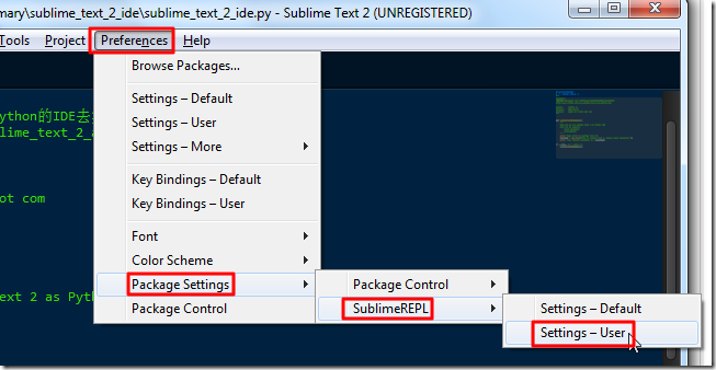 Preferences  Package Settings  SublimeREPL  Settings - User
