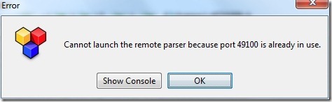 Cannot launch the remote parser because port 49100 is already in use