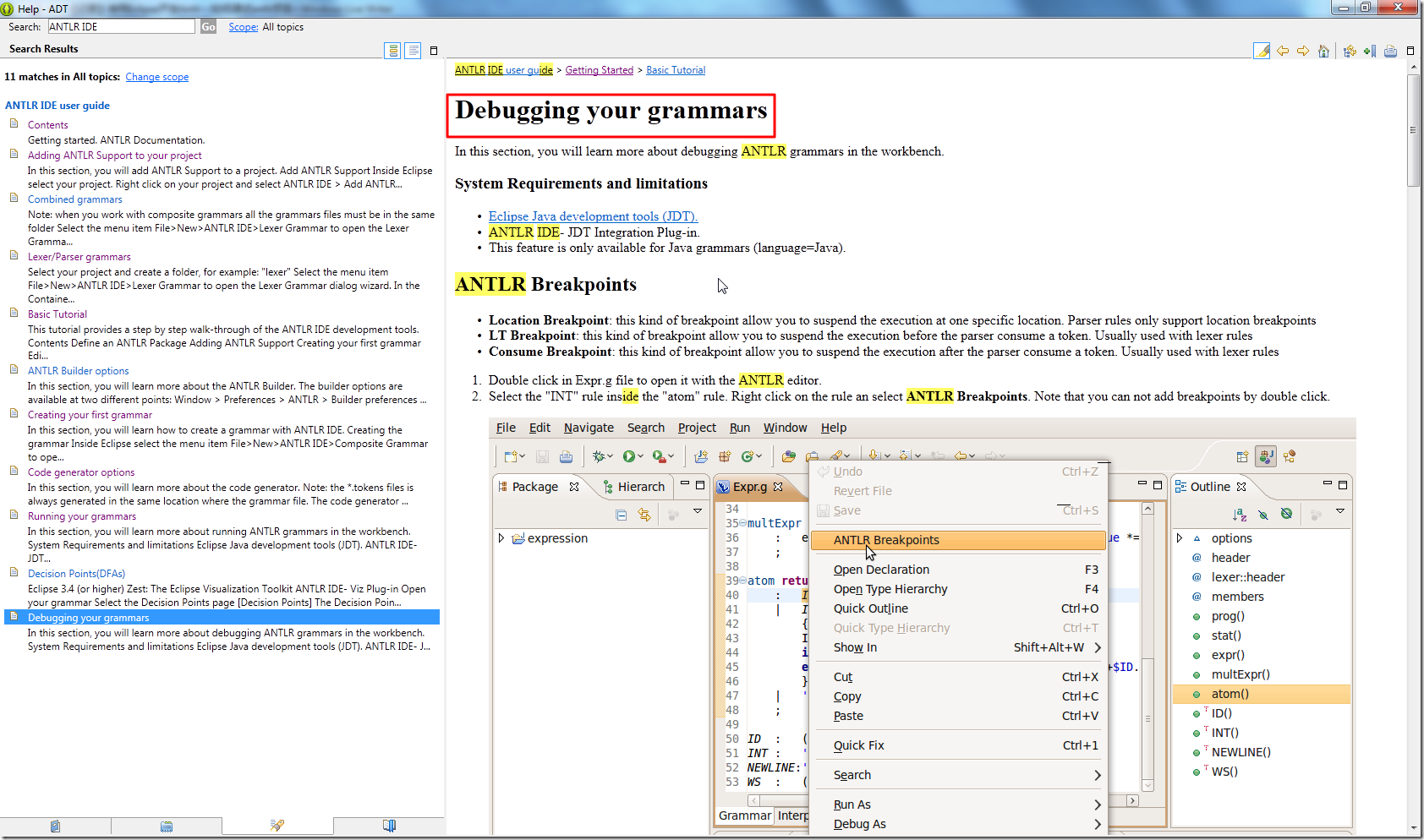 help for debugging your grammars for antlr