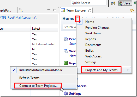 projects and My Teams Connect to Team Projects