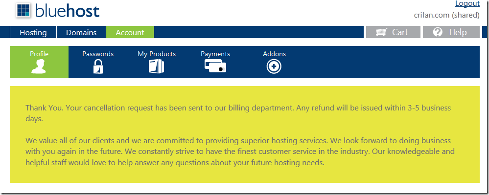 your cancellation request has been sent to billing department