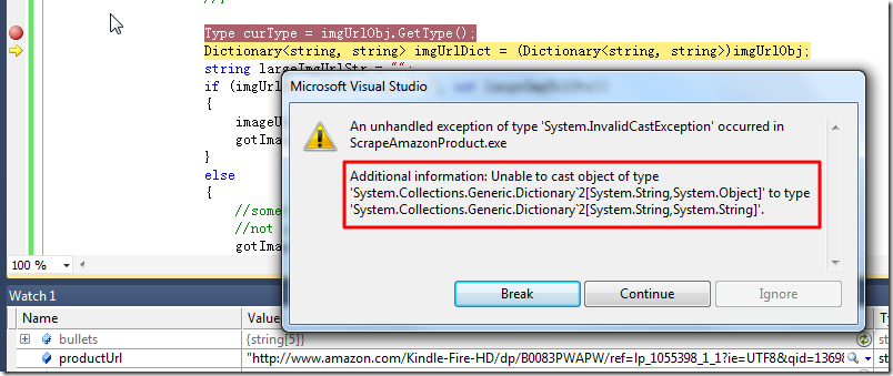 Additional information Unable to cast object of type System.Collections.Generic.Dictionary 2