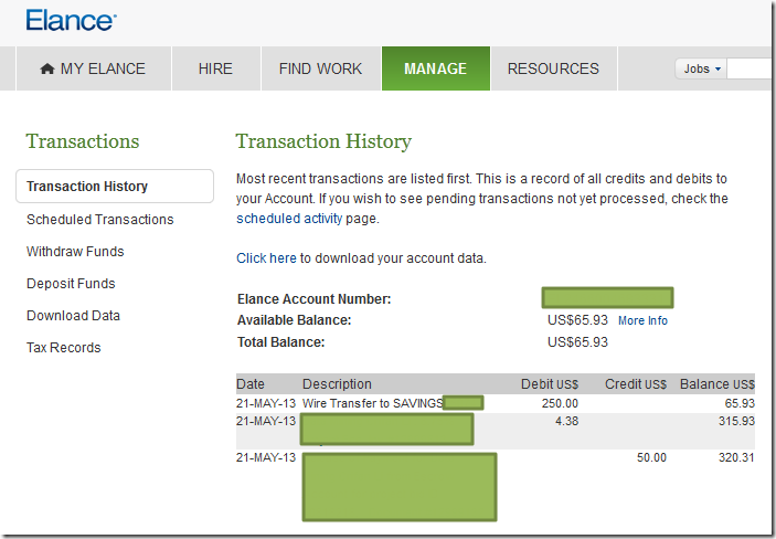 manage transaction history show wire transfer to saving