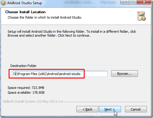 choose install location for android studio