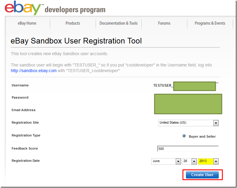ebay sandbox user registration tool