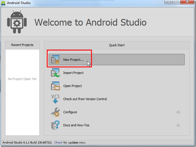 new project for android studio