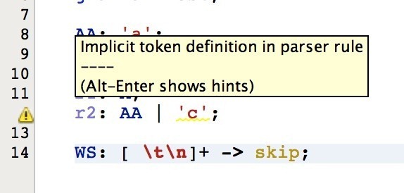 c warning implicit token definition in parser rule