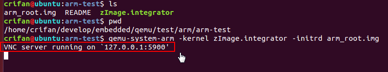 VNC server running on 127.0.0.1 5900 for qemu test arm