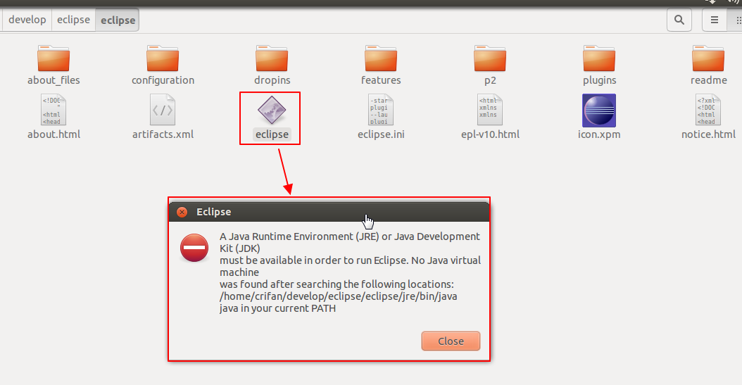 【已解决】Ubuntu中双击Eclipse结果出错：A Java Runtime Environment (JRE) or Java Development Kit (JDK) must be available in order to run Eclipse