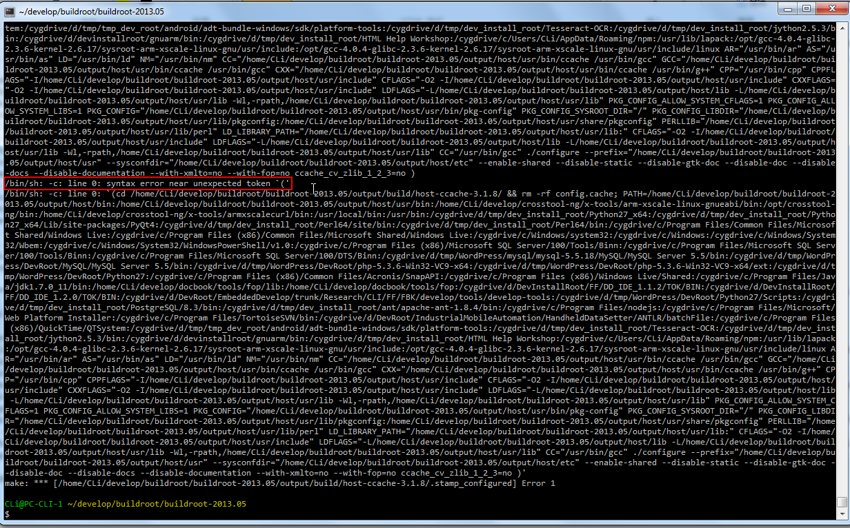 【已解决】Cygwin下为xscale编译Buildroot时make出错：/bin/sh: -c: line 0: syntax error near unexpected token `('