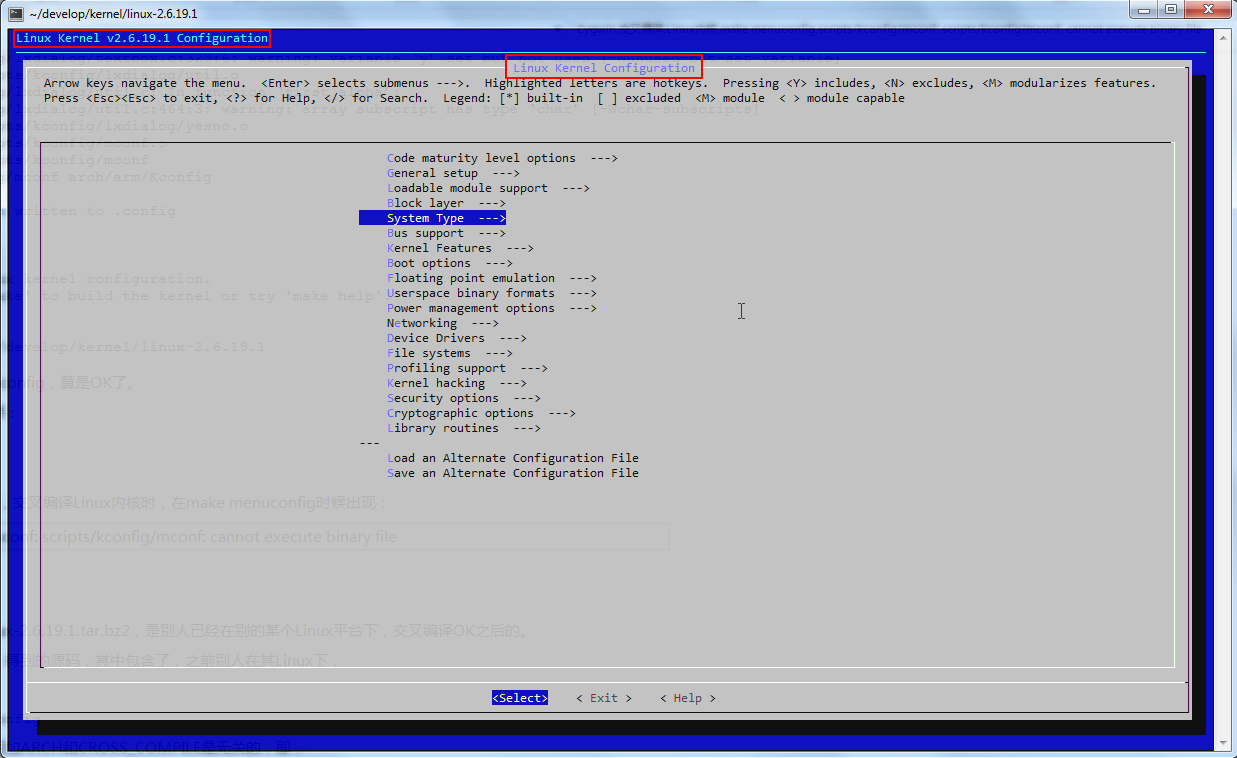 linux kernel configuration ok when make menuconfig