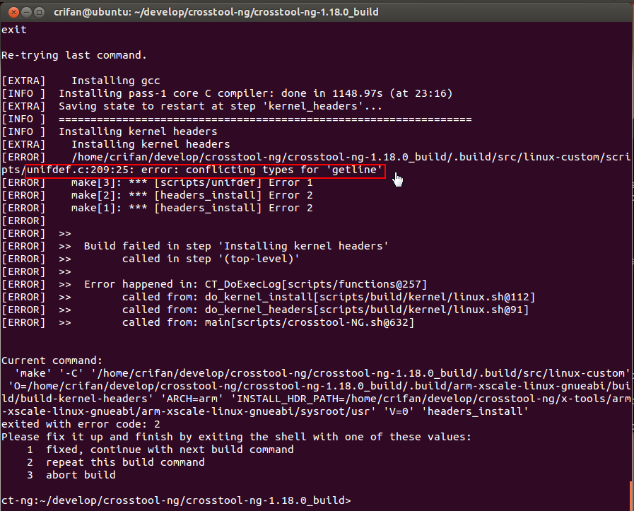 【已解决】Ubuntu中crosstool-ng编译出错：scripts/unifdef.c:209:25: error: conflicting types for 'getline'