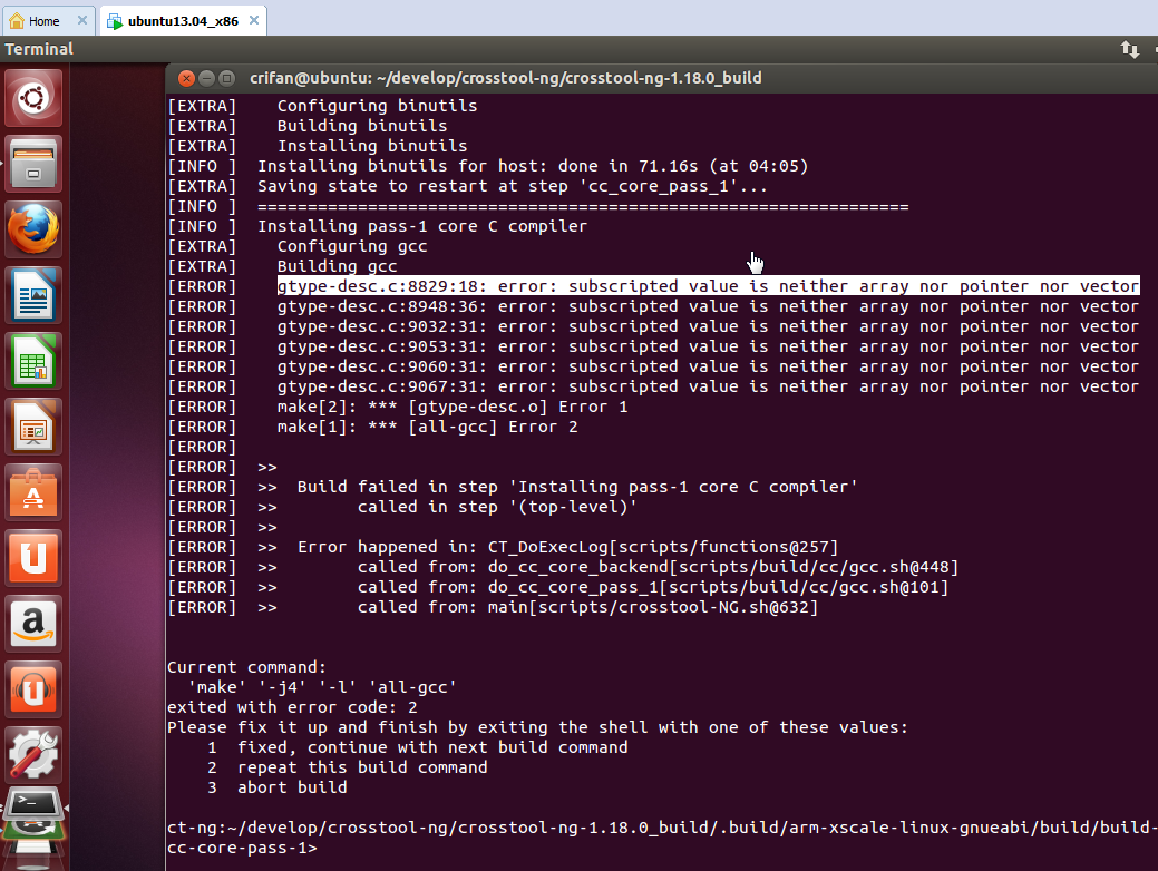 【已解决】Ubuntu中crosstool-ng编译出错：[ERROR] gtype-desc.c:8829:18: error: subscripted value is neither array nor pointer nor vector