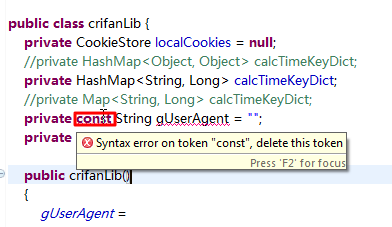 Syntax error on token const delete this token