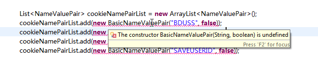 The constructor BasicNameValuePair String boolean is undefined
