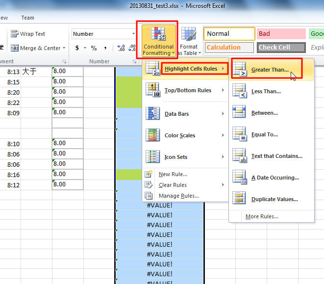 select whole column conditional formatting highlight cells rules greater than