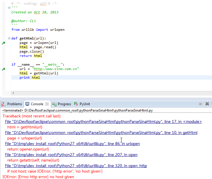 【已解决】Eclipse+PyDev中运行带urllib的python程序出错：IOError: [Errno http error] no host given