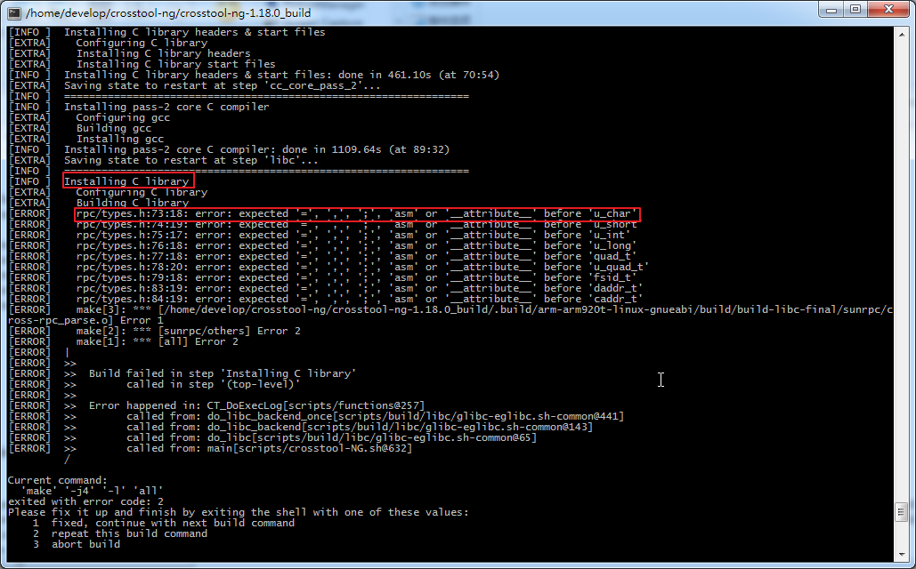 Installing C library rpc types.h 73 18 error expected asm or __attribute__ before u_char