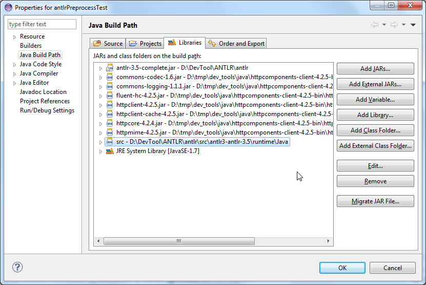 java build path libraries add external class folder antlr runtime java
