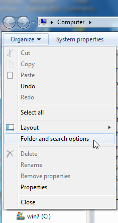 organize then folder and search options