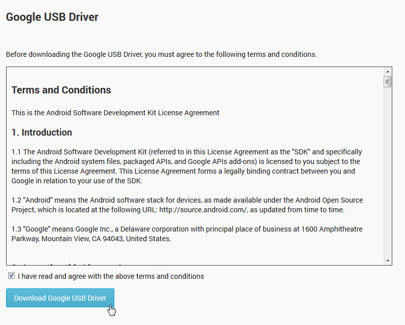 accept license before download google usb driver