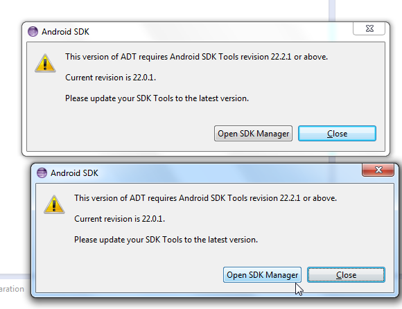 android sdk of adt requires android sdk tools revision 22.2.1 or above