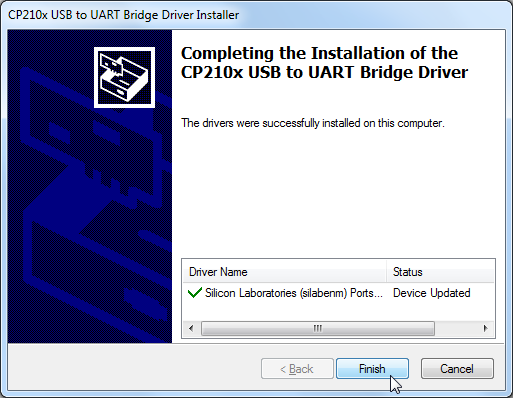 completing the installation of the cp210x usb to uart bridge driver
