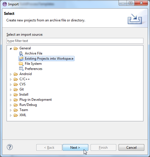 import select general existing projects into workspace next