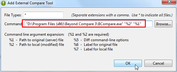 set command to bcompare exe 2 1 see ok or not