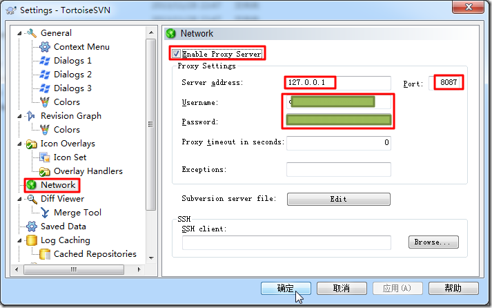 tortoisesvn settings network enable proxy server 127.0.0.1 8087 and username and password