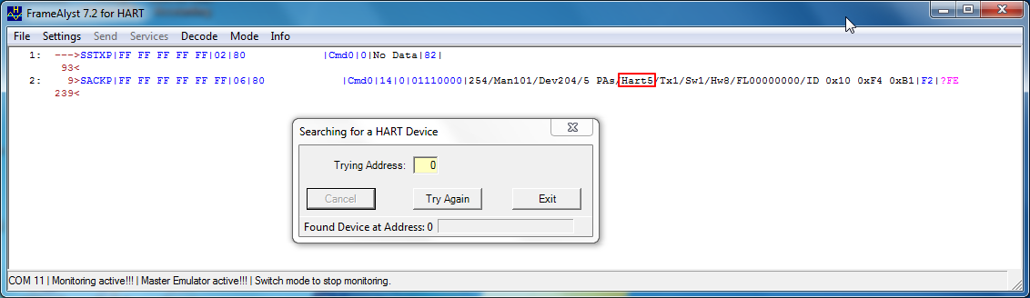 use framealyst to search out another hart5 device sw1 hw8 man101 dev204
