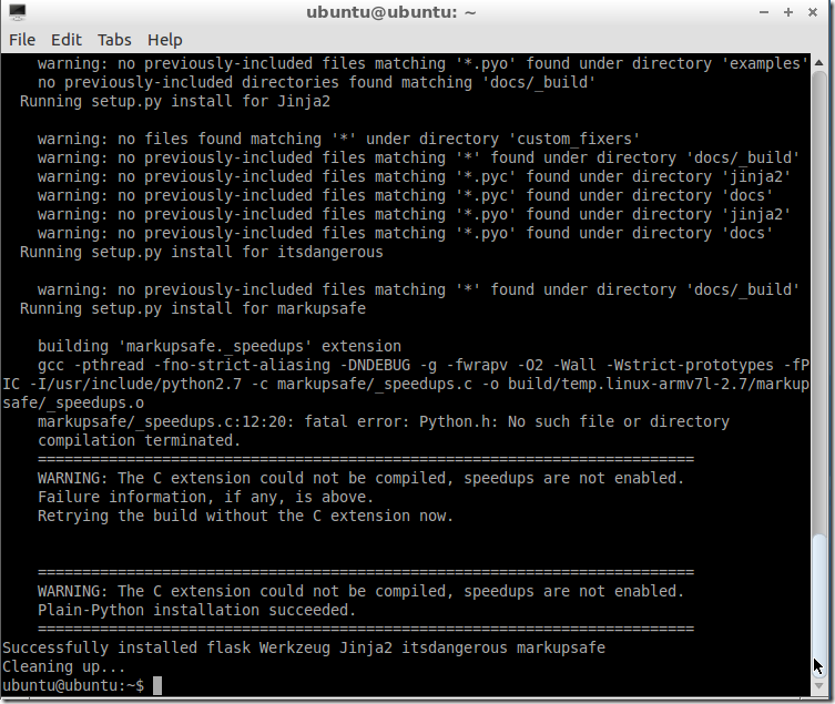 sudo pip install flask running setup.py and complete