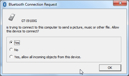 bluetooth connection request try to send file yes