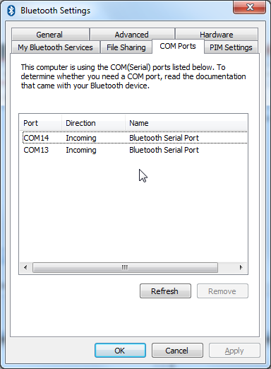 csr bluetooth settings COM ports show com13 and com14 both incoming
