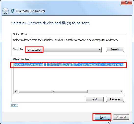 select device to send to file list contain mp3 next